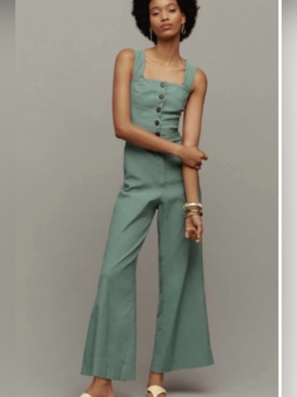 Maeve Sage Green Port sideButton-Front Jumpsuit